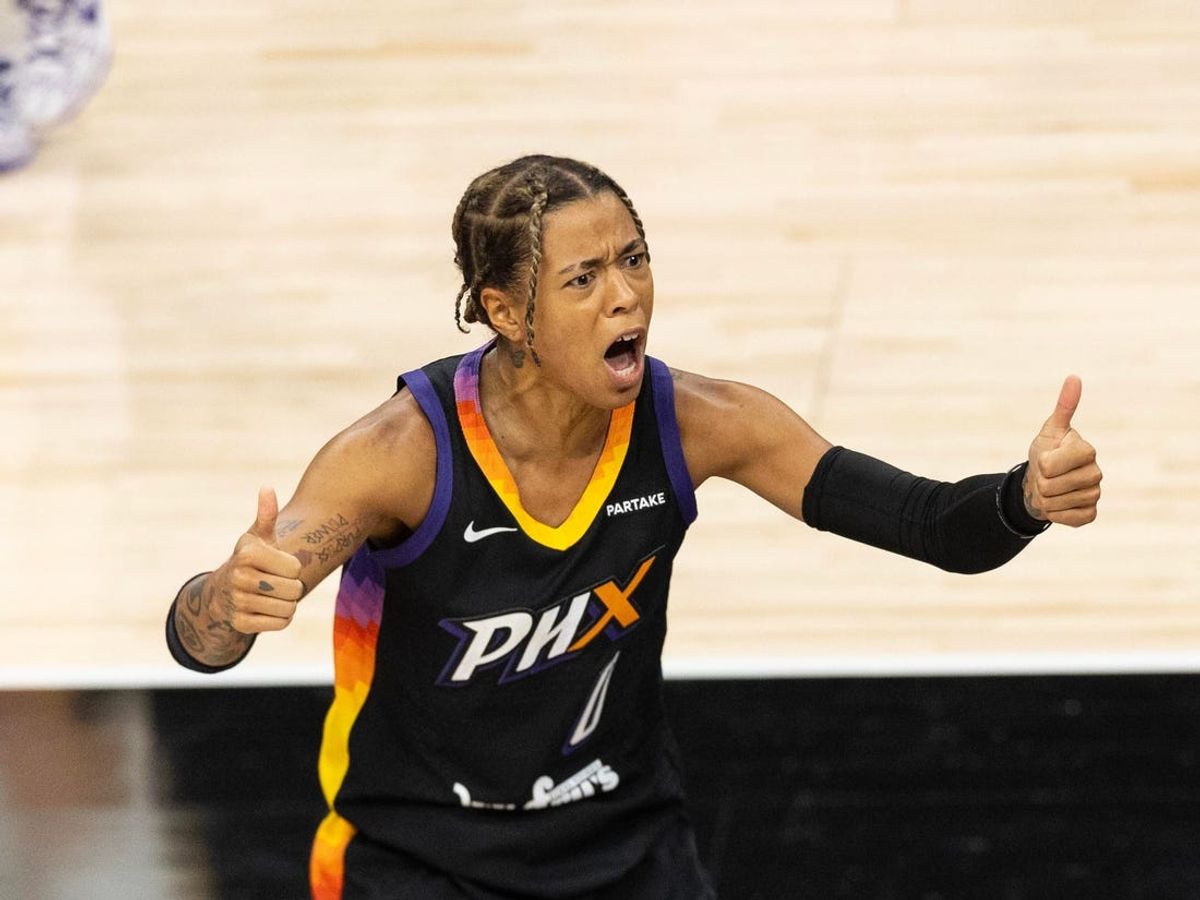 Phoenix Mercury guard Natasha Cloud (0) calls for a jump ball on June 30, 2024, at Footprint Center in Phoenix.