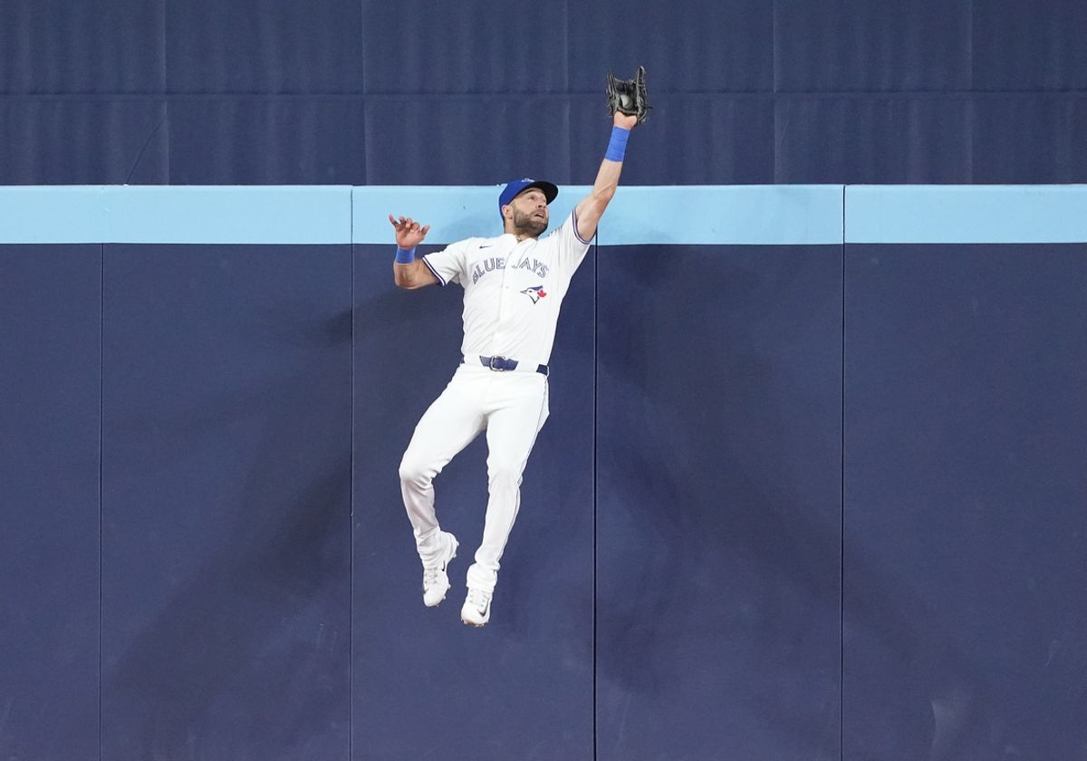 Jun 30, 2024; Toronto, Ontario, CAN; Toronto Blue Jays center fielder Kevin Kiermaier (39) catches a fly ball for the second out against the New York Yankees during the eighth inning at Rogers Centre. Mandatory Credit: Nick Turchiaro-USA TODAY Sports