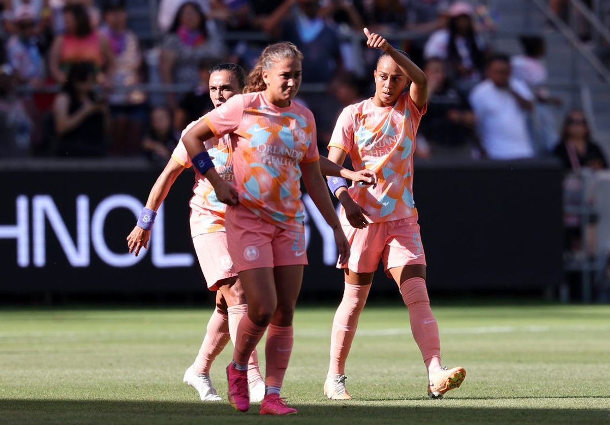 Jun 30, 2024; Los Angeles, California, USA; Orlando Pride forward Adriana Leal da Silva (9) reacts after scoring a goal against Angel City FC during the first half at BMO Stadium. Mandatory Credit: Kiyoshi Mio-USA TODAY Sports