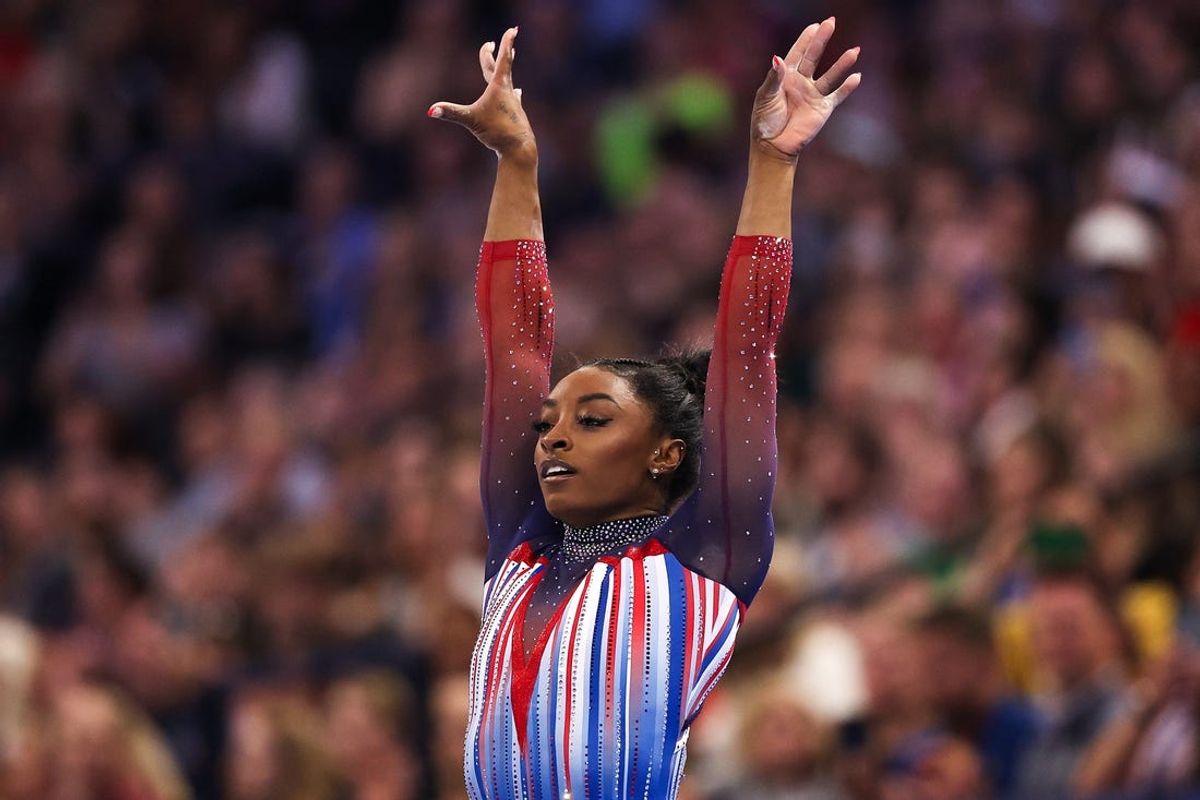Jun 30, 2024; Minneapolis, Minnesota, USA; Simone Biles competes on the beam during the U.S. Olympic Team Gymnastics Trials at Target Center. Mandatory Credit: Matt Krohn-USA TODAY Sports