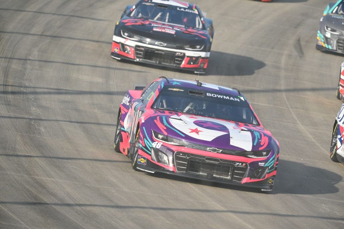 Jun 30, 2024; Nashville, Tennessee, USA;  NASCAR Cup Series driver Alex Bowman (48) races during the Ally 400 at Nashville Superspeedway. Mandatory Credit: Steve Roberts-USA TODAY Sports