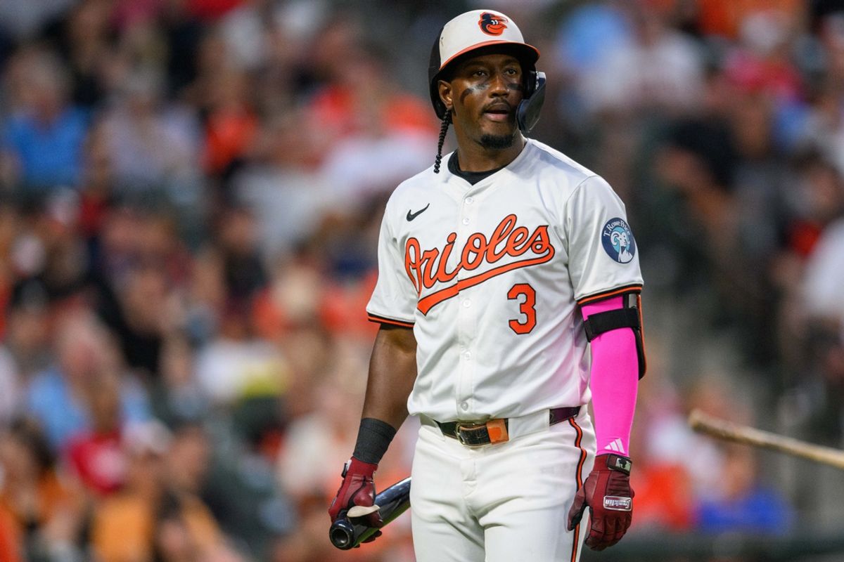 Jun 30, 2024; Baltimore, Maryland, USA; Baltimore Orioles second base Jorge Mateo (3) reacts after a strike out during the fifth inning against the Texas Rangers at Oriole Park at Camden Yards. Mandatory Credit: Reggie Hildred-USA TODAY Sports