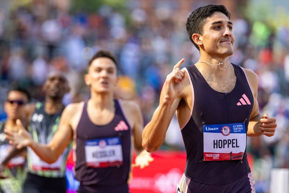Bryce Hoppel wins the men’s 800 meters final in a meet record 1:42.77 during day 10 of the U.S. Olympic Track & Field Trials at Hayward Field in Eugene, Ore., on Sunday, June 30, 2024.