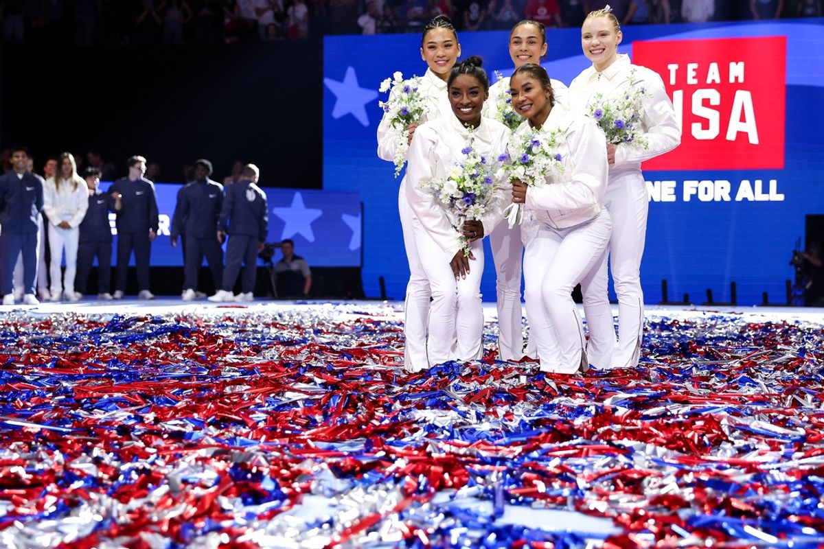 (File photo) Sunisa Lee, Hezly Rivera, Jade Carey, Simone Biles and Jordan Chiles pose for a photo after being selected for the 2024 U.S. Olympic Women's gymnastics team during the U.S. Olympic Team Gymnastics Trials at Target Center. Mandatory Credit: Matt Krohn-USA TODAY Sports