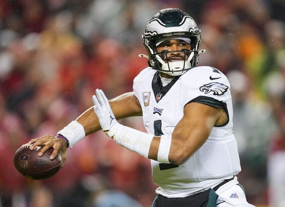 Nov 20, 2023; Kansas City, Missouri, USA; Philadelphia Eagles quarterback Jalen Hurts (1) throws a pass during the first half against the Kansas City Chiefs at GEHA Field at Arrowhead Stadium.