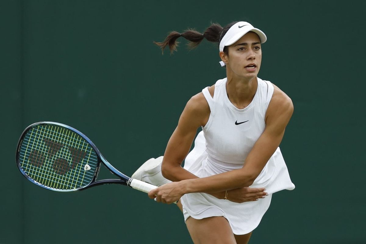 Jul 1, 2024; London, United Kingdom, Olga Danilovic (SRB) serves against Anca Todoni (ROU)(not pictured) a ladies' singles match on day 1 of The Championships Wimbledon at the All England Lawn Tennis and Croquet Club. Mandatory Credit: Geoff Burke-Imagn Images