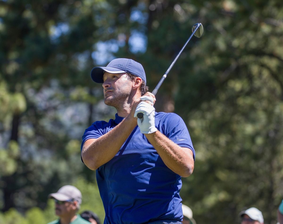 Tony Romo hits a tee shot on the 6th hole during the ACC Golf Tournament at Edgewood Tahoe Golf Course in South Lake Tahoe on Sunday, July 14, 2019.