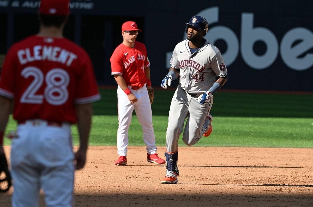 Jul 1, 2024; Toronto, Ontario, CAN;   Houston Astros designated hitter Yordan Alavarez (44) rounds the bases after hitting a two run home run against the Toronto Blue Jays in the ninth inning at Rogers Centre. Mandatory Credit: Dan Hamilton-USA TODAY Sports