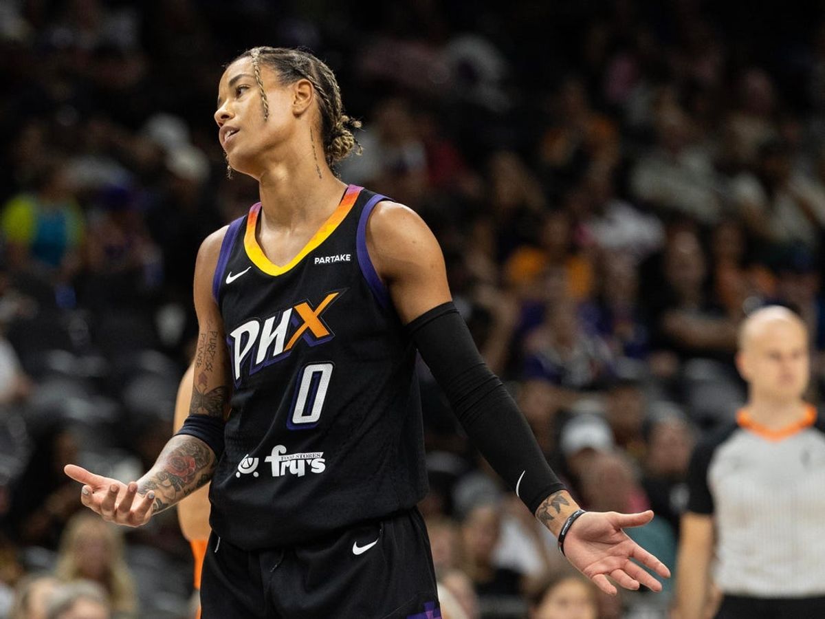 Phoenix Mercury guard Natasha Cloud (0) talks to an official after a foul on July 1, 2024 at Footprint Center in Phoenix.