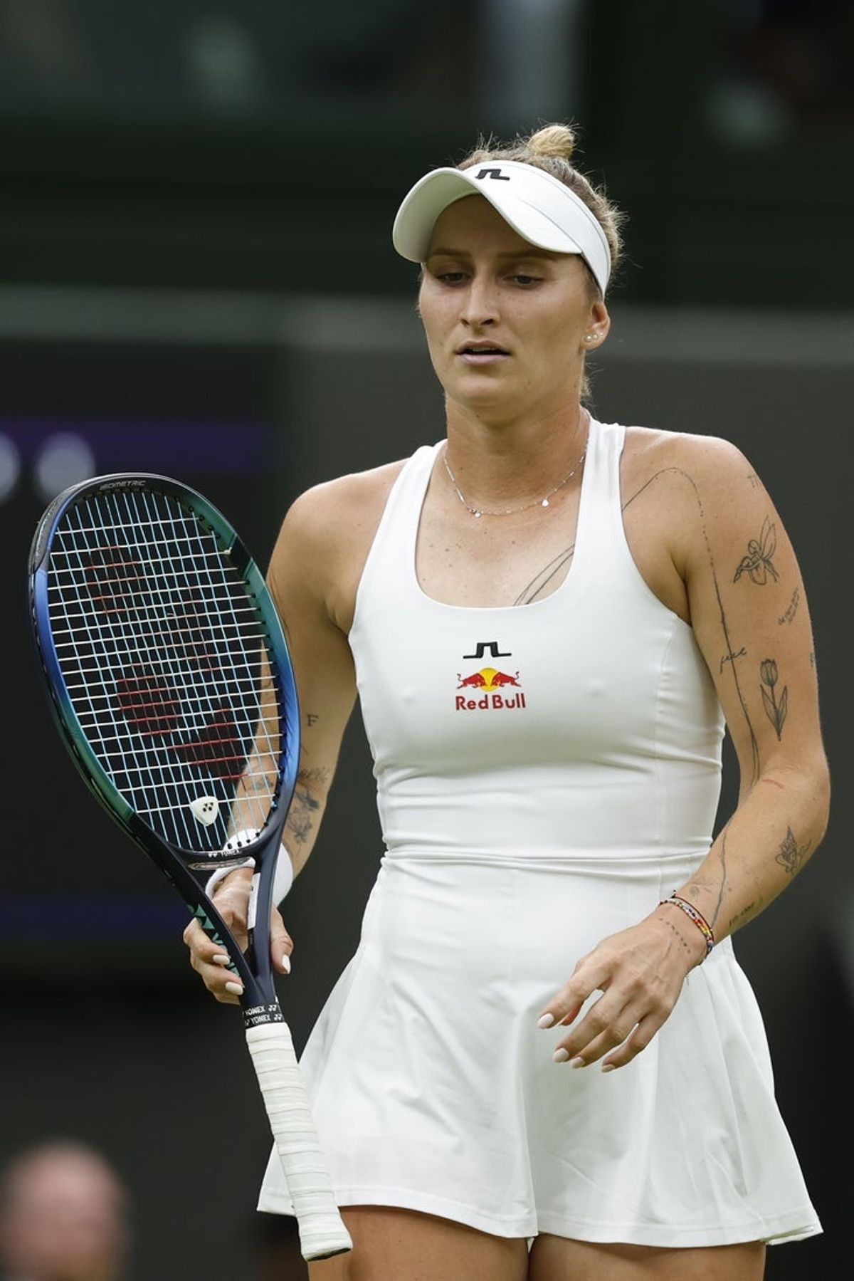 Jul 2, 2024; London, United Kingdom; Marketa Vondrousova (CZE) reacts after losing a point against Jessica Bouzas Maneiro (ESP) (not pictured) in a ladies' singles match on day two of The Championships Wimbledon 2024 at All England Lawn Tennis and Croquet Club. Mandatory Credit: Geoff Burke-Imagn Images