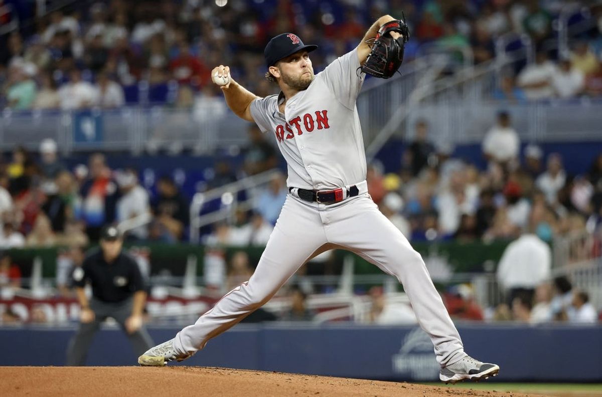 Jul 2, 2024; Miami, Florida, USA;  Boston Red Sox starting pitcher Kutter Crawford (50) throws against the Miami Marlins in the first inning at loanDepot Park. Mandatory Credit: Rhona Wise-USA TODAY Sports
