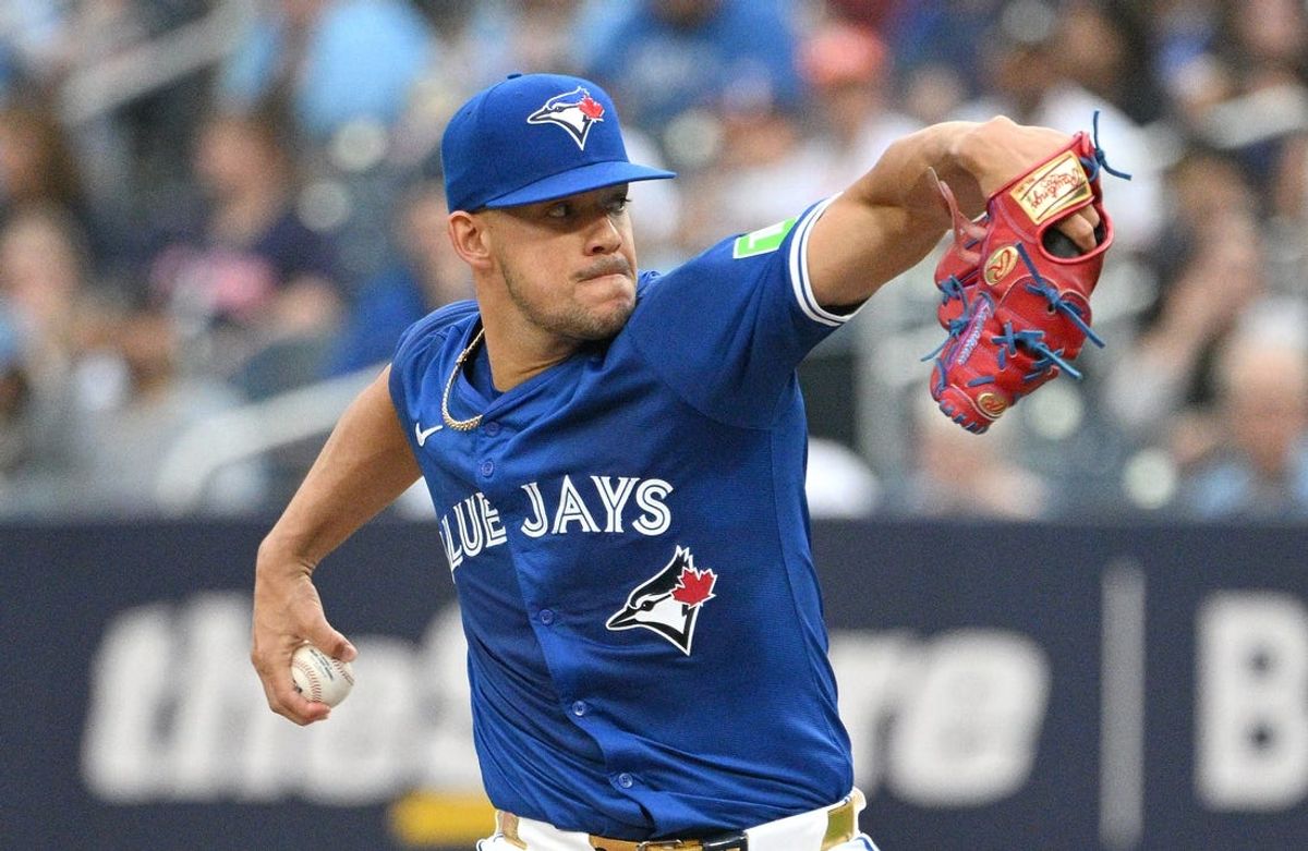 Jul 2, 2024; Toronto, Ontario, CAN;   Toronto Blue Jays starting pitcher Jose Berrios (17) delivers a pitch against the Houston Astros in the first inning at Rogers Centre. Mandatory Credit: Dan Hamilton-USA TODAY Sports
