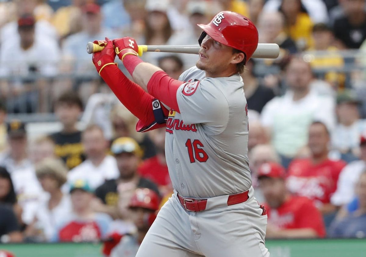 Jul 2, 2024; Pittsburgh, Pennsylvania, USA;  St. Louis Cardinals second baseman Nolan Gorman (16) hits a grand slam home run against the Pittsburgh Pirates during the fourth inning at PNC Park. Mandatory Credit: Charles LeClaire-USA TODAY Sports
