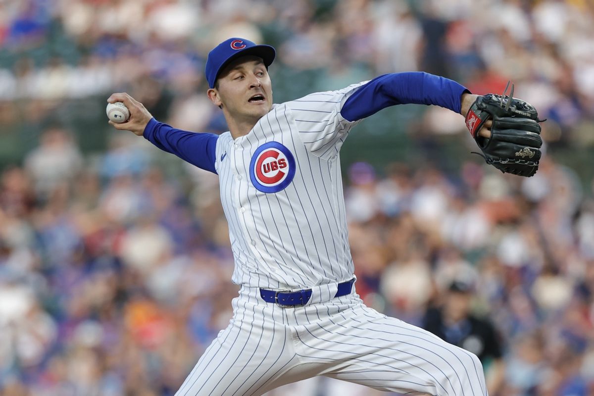 Jul 2, 2024; Chicago, Illinois, USA; Chicago Cubs starting pitcher Hayden Wesneski (19) delivers a pitch against the Philadelphia Phillies during the first inning at Wrigley Field. Mandatory Credit: Kamil Krzaczynski-Imagn Images