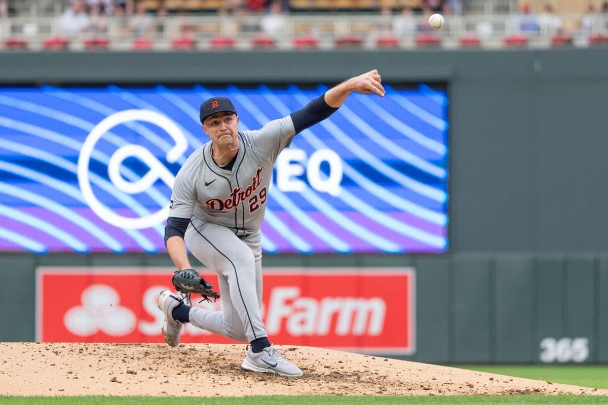 Jul 2, 2024; Minneapolis, Minnesota, USA; Detroit Tigers pitcher Tarik Skubal (29) pitches to Minnesota Twins right fielder Manuel Margot (13) in the first inning at Target Field. Mandatory Credit: Matt Blewett-USA TODAY Sports