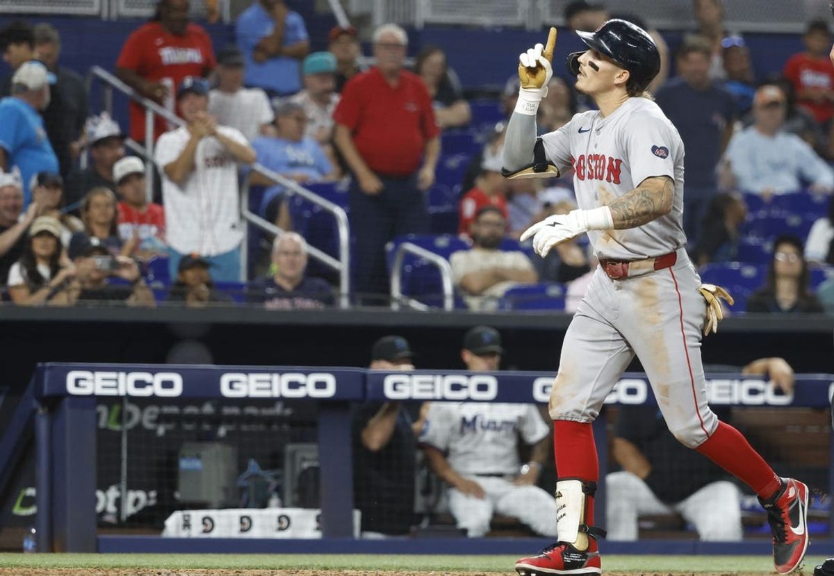 Jul 2, 2024; Miami, Florida, USA; Boston Red Sox left fielder Jarren Duran (16) celebrates his home run against the Miami Marlins in the eighth inning at loanDepot Park. Mandatory Credit: Rhona Wise-USA TODAY Sports