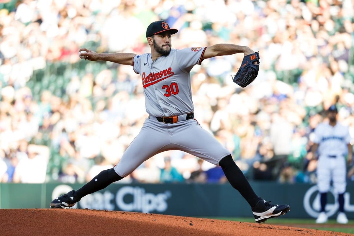 Jul 2, 2024; Seattle, Washington, USA; Baltimore Orioles starting pitcher Grayson Rodriguez (30) throws against the Seattle Mariners during the first inning at T-Mobile Park. Mandatory Credit: Joe Nicholson-USA TODAY Sports