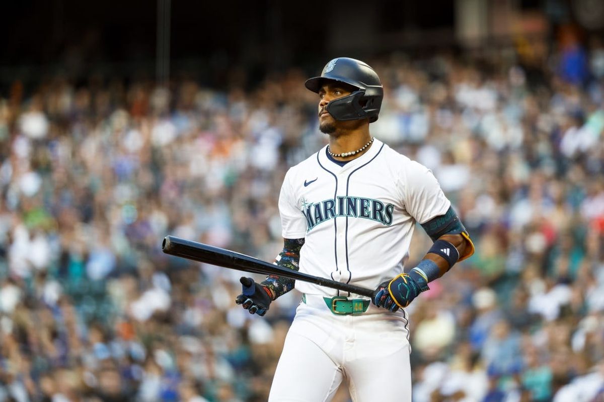 Jul 2, 2024; Seattle, Washington, USA; Seattle Mariners center fielder Julio Rodriguez (44) reacts after striking out against the Baltimore Orioles during the fifth inning at T-Mobile Park. Mandatory Credit: Joe Nicholson-USA TODAY Sports