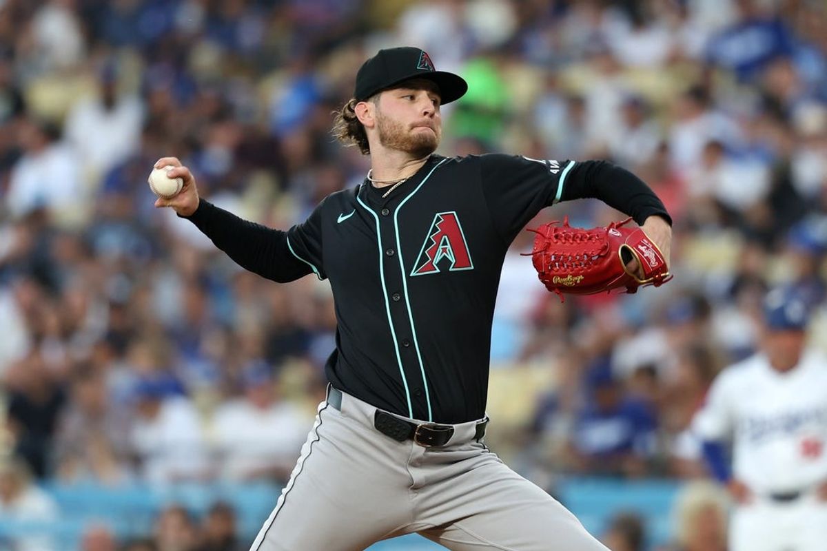 Jul 2, 2024; Los Angeles, California, USA;  Arizona Diamondbacks pitcher Ryne Nelson (19) pitches during the second inning against the Los Angeles Dodgers at Dodger Stadium. Mandatory Credit: Kiyoshi Mio-USA TODAY Sports