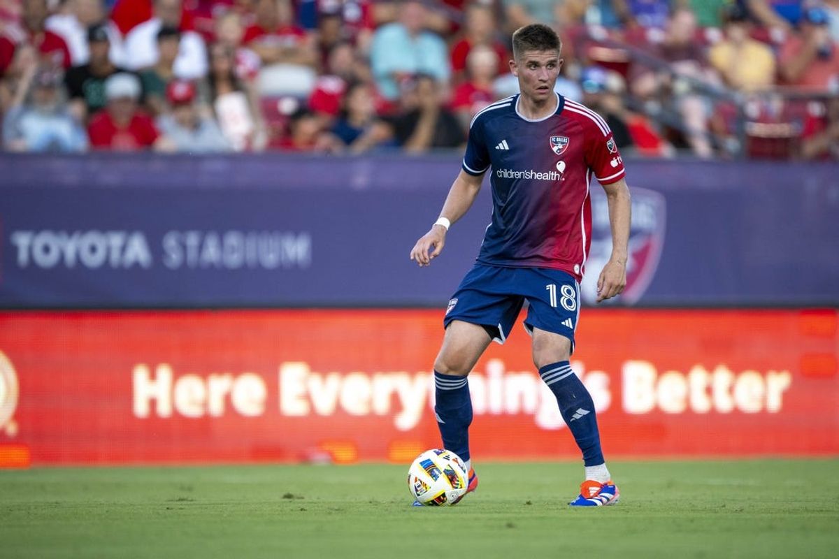 Jun 29, 2024; Frisco, Texas, USA; FC Dallas midfielder Liam Fraser (18) in action during the game between FC Dallas and FC Cincinnati at Toyota Stadium. Mandatory Credit: Jerome Miron-USA TODAY Sports