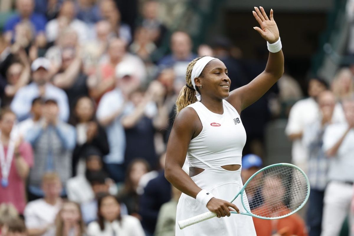 Jul 3, 2024; London, United Kingdom; Coco Gauff (USA) waves to the crowd after her match against Anca Todoni (ROU)(not pictured) in a ladies' singles match on day three of The Championships Wimbledon 2024 at All England Lawn Tennis and Croquet Club. Mandatory Credit: Geoff Burke-USA TODAY Sports