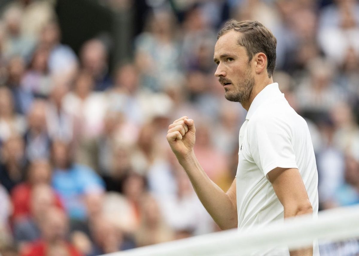Jul 3, 2024; London, United Kingdom; Daniil Medvedev reacts to a point during his match against Alexandre Muller of France (not shown) on day three of The Championships at All England Lawn Tennis and Croquet Club. Mandatory Credit: Susan Mullane-USA TODAY Sports