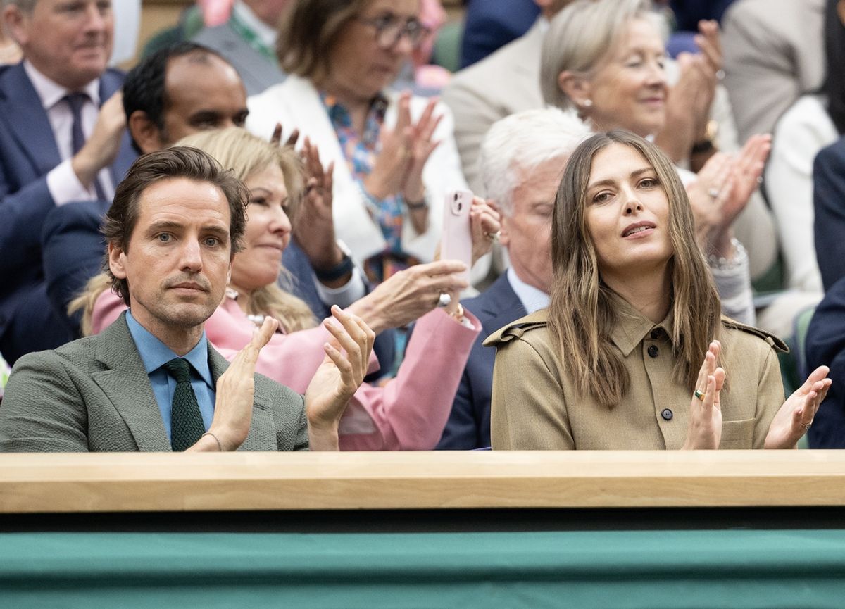 Jul 3, 2024; London, United Kingdom; Maria Sharapova and Alexander Gilkes in the Royal Box for the Daniil Medvedev and Alexandre Muller of France (both not shown) match on day three of The Championships at All England Lawn Tennis and Croquet Club. Mandatory Credit: Susan Mullane-Imagn Images