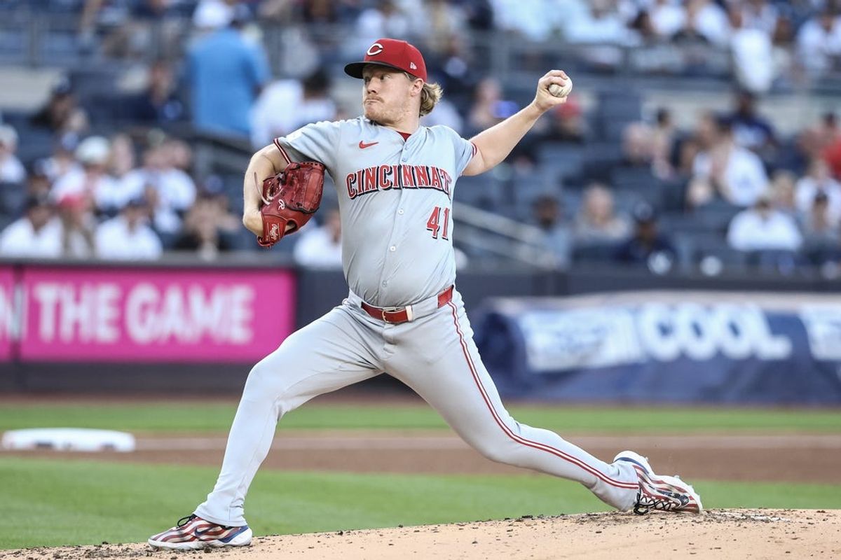 Jul 3, 2024; Bronx, New York, USA; Cincinnati Reds starting pitcher Andrew Abbott (41) pitches in the first inning against the New York Yankees at Yankee Stadium. Mandatory Credit: Wendell Cruz-USA TODAY Sports