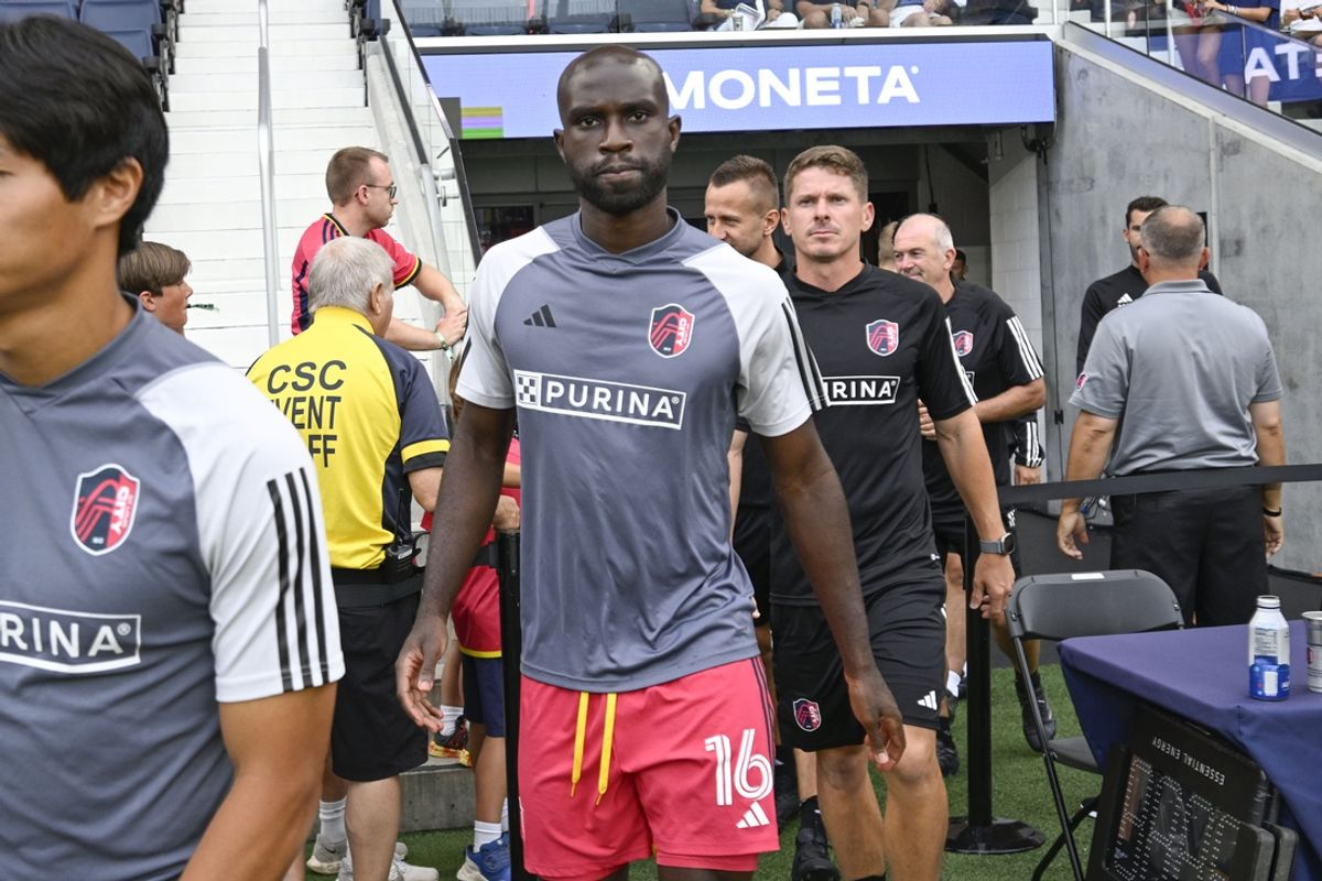 Jul 3, 2024; St. Louis, Missouri, USA; St. Louis CITY SC forward Sam Adeniran (16) takes the pitch before the match against the San Jose Earthquakes at CITYPARK. Mandatory Credit: Scott Rovak-USA TODAY Sports