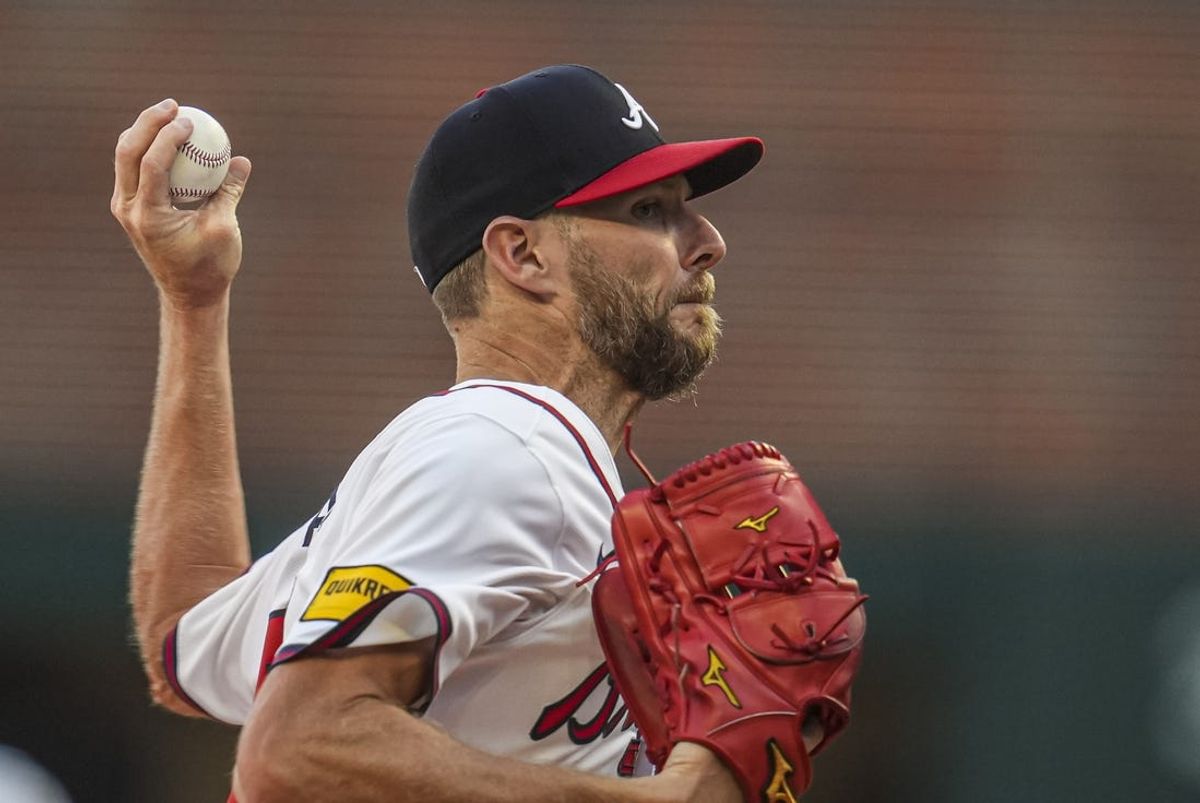 Jul 3, 2024; Cumberland, Georgia, USA; Atlanta Braves starting pitcher Chris Sale (51) pitches against the San Francisco Giants during the second inning at Truist Park. Mandatory Credit: Dale Zanine-USA TODAY Sports