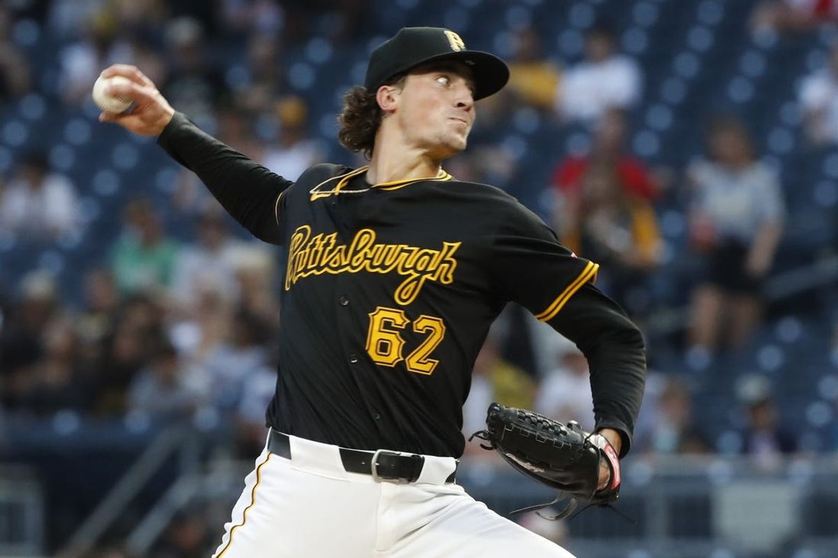 Jul 3, 2024; Pittsburgh, Pennsylvania, USA;  Pittsburgh Pirates relief pitcher Kyle Nicolas (62) pitches against the St. Louis Cardinals during the sixth inning at PNC Park. Mandatory Credit: Charles LeClaire-USA TODAY Sports