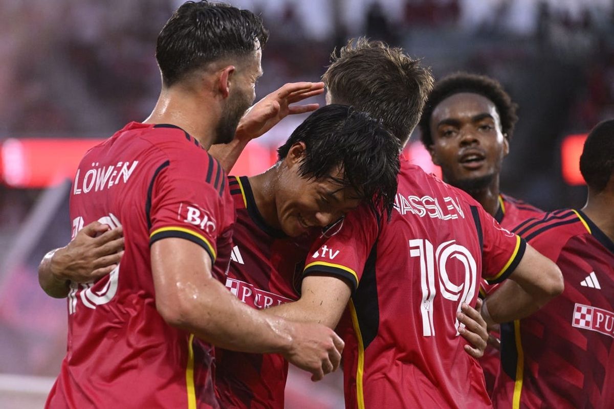 Jul 3, 2024; St. Louis, Missouri, USA; St. Louis CITY SC midfielder Hosei Kijima (85) reacts after scoring a goal against the San Jose Earthquakes during the first half at CITYPARK. Mandatory Credit: Joe Puetz-USA TODAY Sports