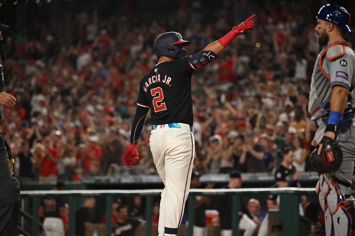 Jul 3, 2024; Washington, District of Columbia, USA; Washington Nationals second baseman Luis Garcia Jr. (2) reacts after hitting a one run home run against the New York Mets during the eighth inning at Nationals Park. Mandatory Credit: Rafael Suanes-USA TODAY Sports