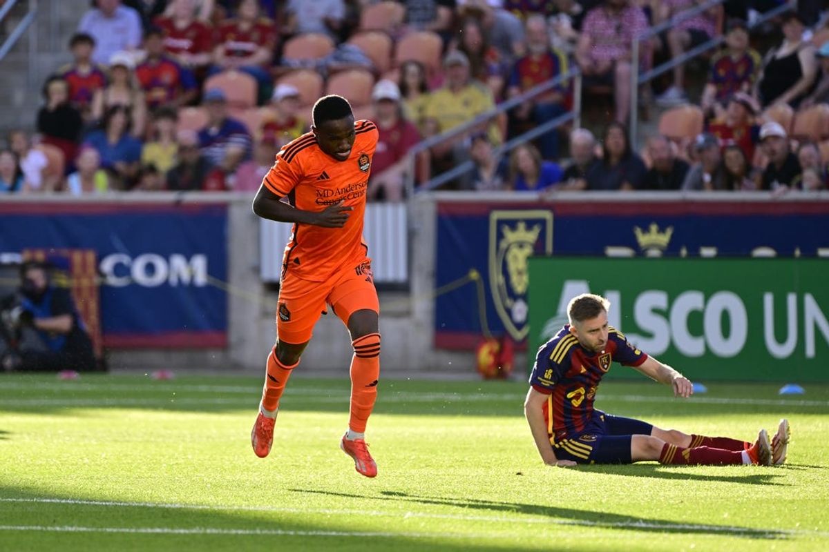 Jul 3, 2024; Sandy, Utah, USA; Houston Dynamo FC forward Ibrahim Aliyu (18) celebrates a goal in the first half against the Real Salt Lake at America First Field. Mandatory Credit: Christopher Creveling-USA TODAY Sports