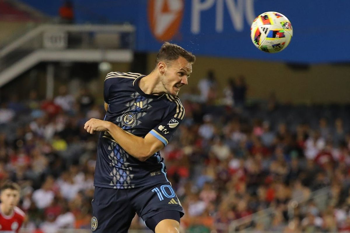 Jul 3, 2024; Chicago, Illinois, USA; Philadelphia Union midfielder Daniel Gazdag (10) heads the ball during the second half against Chicago Fire FC at Soldier Field. Mandatory Credit: Melissa Tamez-USA TODAY Sports