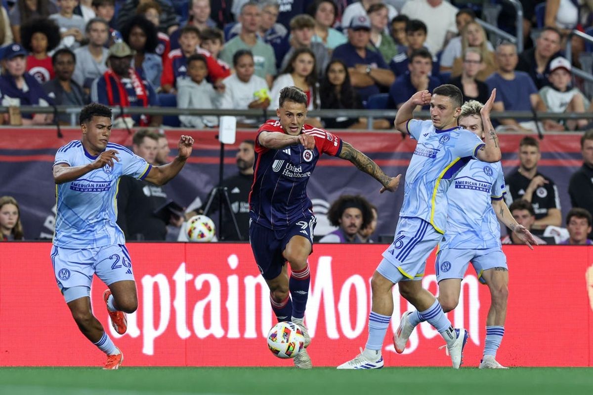 Jul 3, 2024; Foxborough, Massachusetts, USA; New England Revolution forward Giacomo Vrioni (9) possesses the ball during the second half against Atlanta United at Gillette Stadium. Mandatory Credit: Paul Rutherford-USA TODAY Sports