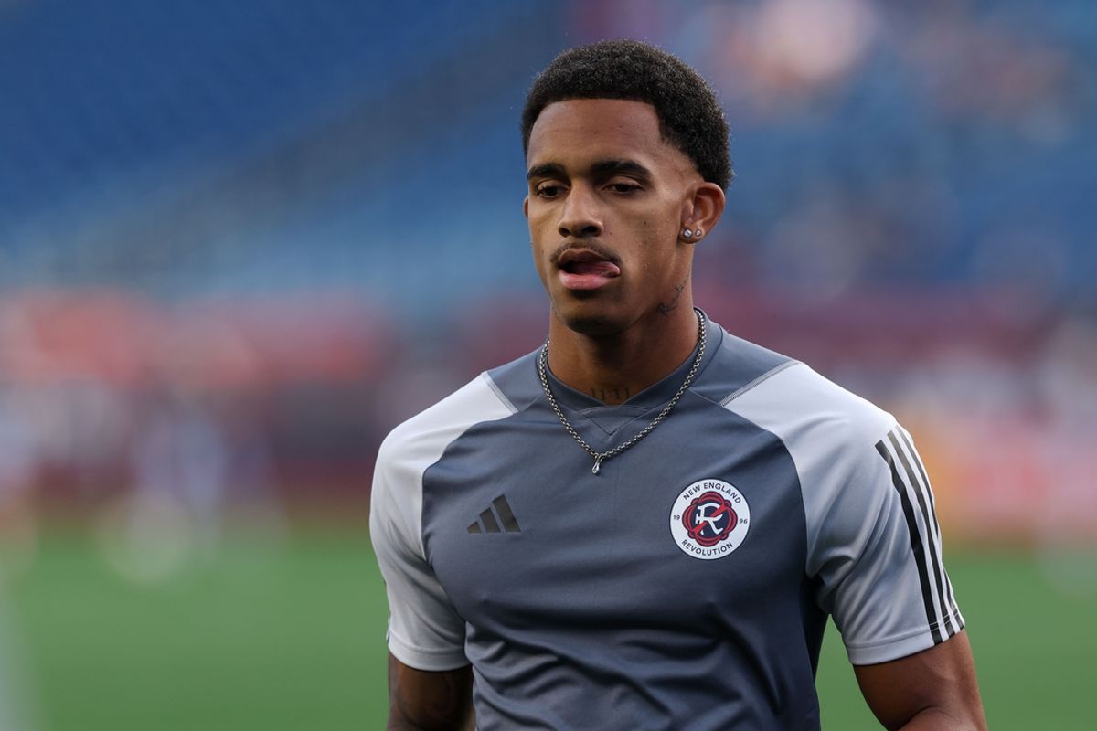 Jul 3, 2024; Foxborough, Massachusetts, USA; New England Revolution midfielder Dylan Borrero (11) warms up before playing against Atlanta United at Gillette Stadium. Mandatory Credit: Paul Rutherford-Imagn Images