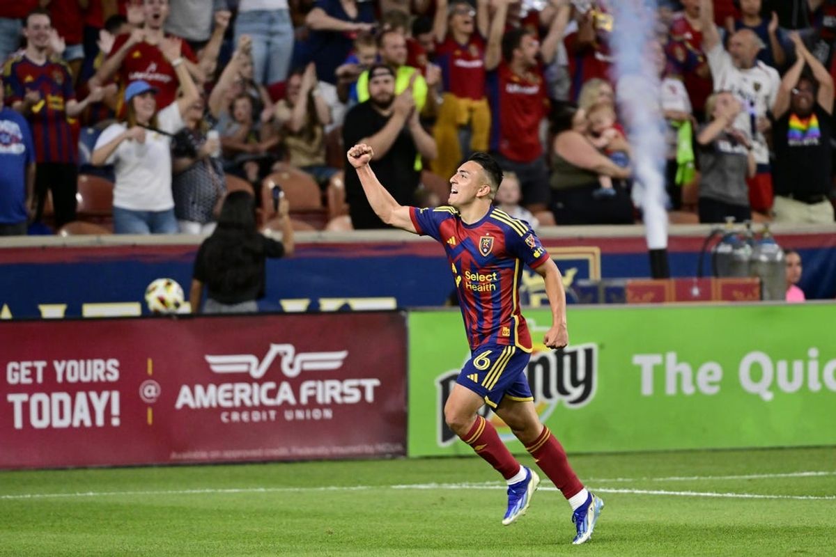 Jul 3, 2024; Sandy, Utah, USA; Real Salt Lake midfielder Braian Ojeda (6) celebrates after scoring a goal against Houston Dynamo FC in the second half at America First Field. Mandatory Credit: Christopher Creveling-USA TODAY Sports