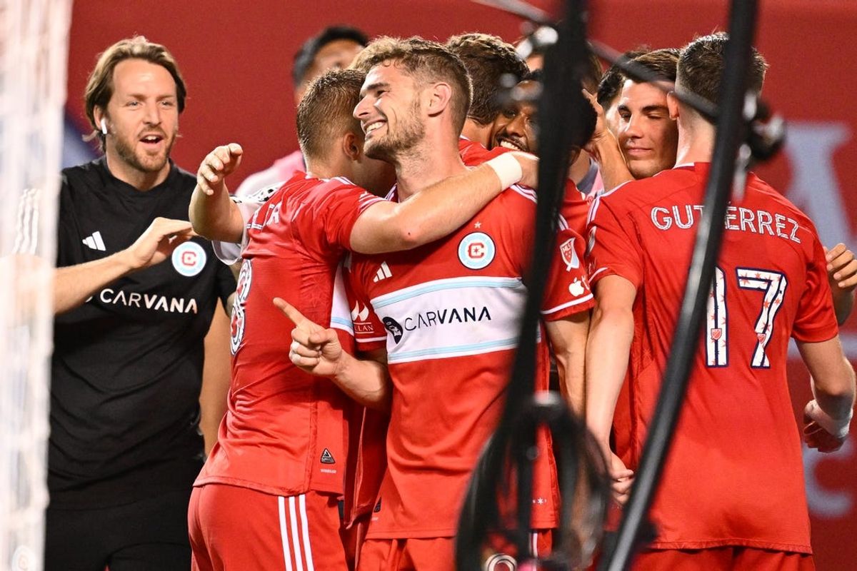 Jul 3, 2024; Chicago, Illinois, USA;  Chicago Fire FC forward Hugo Cuypers (9) celebrates with teammates after scoring a goal in extra time against the Philadelphia Union at Soldier Field. Mandatory Credit: Jamie Sabau-USA TODAY Sports