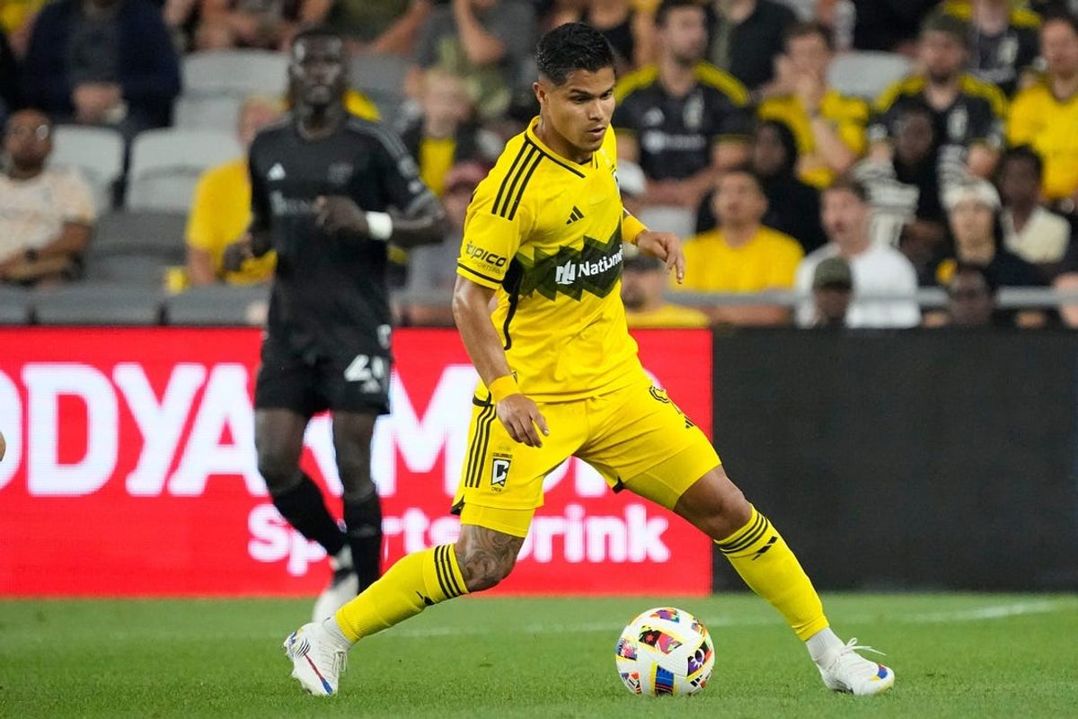 Jul 3, 2024; Columbus, OH, USA; Columbus Crew forward Cucho Hernandez (9) dribbles during the first half of the MLS soccer game against Nashville SC at Lower.com Field.