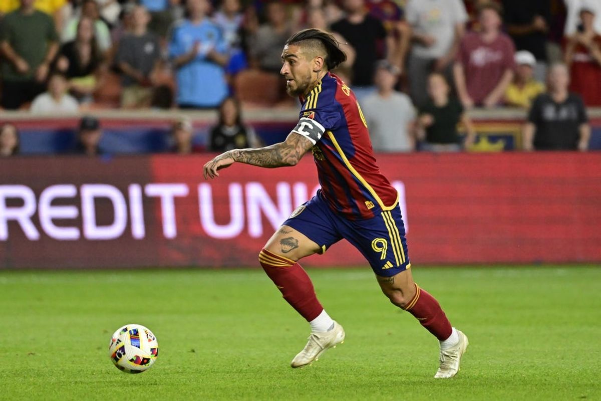 Jul 3, 2024; Sandy, Utah, USA; Real Salt Lake forward Cristian Arango (9) controls the ball against Houston Dynamo FC in the second half at America First Field. Mandatory Credit: Christopher Creveling-USA TODAY Sports
