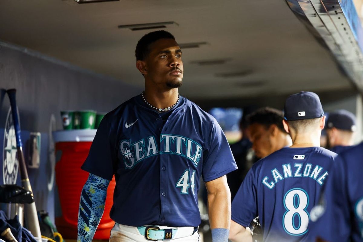 Jul 3, 2024; Seattle, Washington, USA; Seattle Mariners center fielder Julio Rodriguez (44) stands in the dugout following a 4-1 loss against the Baltimore Orioles at T-Mobile Park. Mandatory Credit: Joe Nicholson-USA TODAY Sports