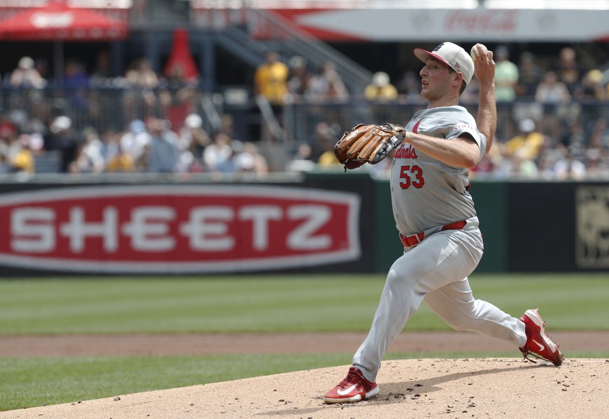 Jul 4, 2024; Pittsburgh, Pennsylvania, USA; St. Louis Cardinals starting pitcher Andre Pallante (53) delivers a pitch against the Pittsburgh Pirates during the first inning at PNC Park. Mandatory Credit: Charles LeClaire-USA TODAY Sports