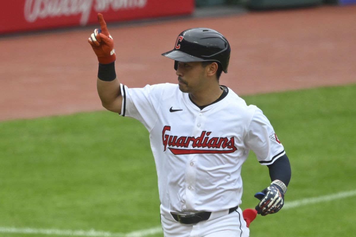 Jul 4, 2024; Cleveland, Ohio, USA; Cleveland Guardians left fielder Steven Kwan (38) celebrates his solo home run in the third inning against the Chicago White Sox at Progressive Field. Mandatory Credit: David Richard-USA TODAY Sports
