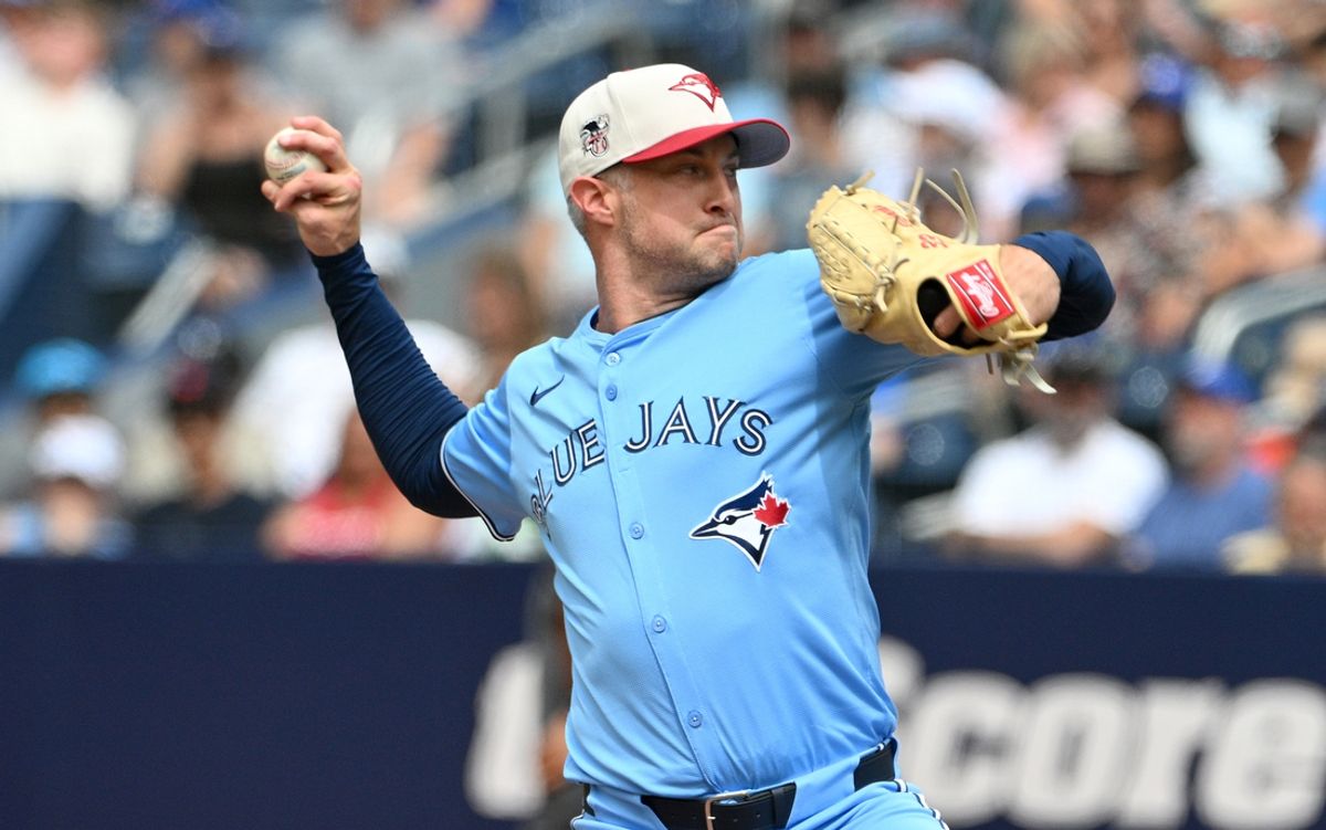 Jul 4, 2024; Toronto, Ontario, CAN; Toronto Blue Jays relief pitcher Trevor Richards (33) delivers a pitch against the Houston Astros in the seventh inning at Rogers Centre. Mandatory Credit: Dan Hamilton-USA TODAY Sports
