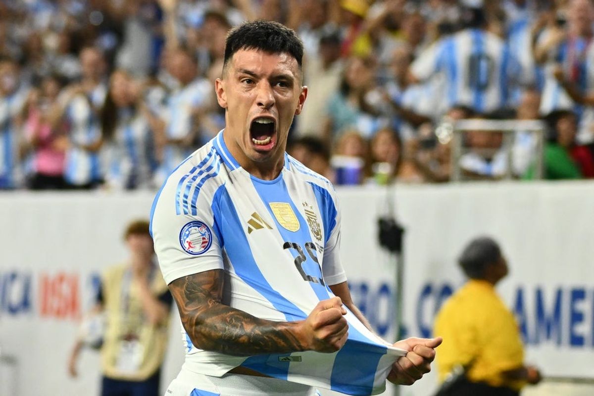 Jul 4, 2024; Houston, TX, USA; Argentina's defender Lisandro Martinez (25) reacts after scoring a goal in the first half of the match against Ecuador at NRG Stadium. Mandatory Credit: Maria Lysaker-USA TODAY Sports