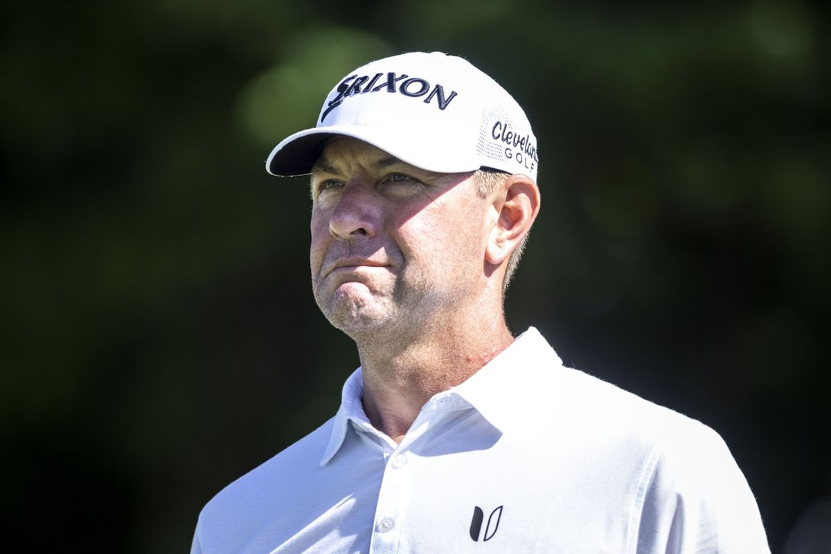 Jul 5, 2024; Silvis, Illinois, USA; Lucas Glover gets ready before teeing off on the 18th hole during the second round of the John Deere Classic golf tournament. Mandatory Credit: Joseph Cress-Imagn Images
