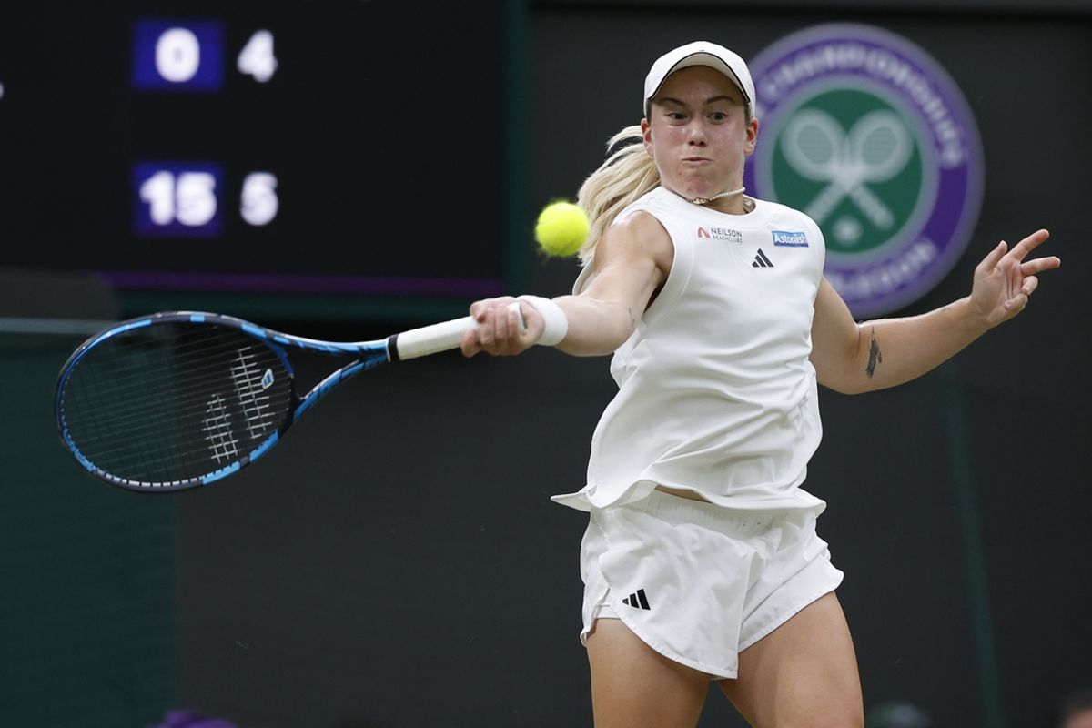 Jul 5, 2024; London,  United Kingdom; Sonay Kartal  GBR) hits a forehand against Coco Gauff (USA)(not pictured) in a ladies' singles match on day five of The Championships Wimbledon 2024 at All England Lawn Tennis and Croquet Club. Mandatory Credit: Geoff Burke-Imagn Images