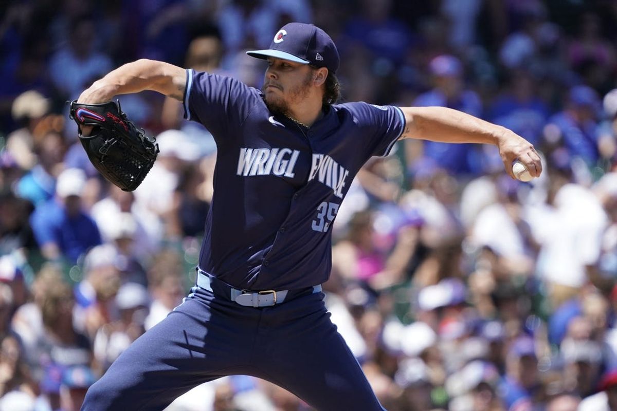 Jul 5, 2024; Chicago, Illinois, USA; Chicago Cubs pitcher Justin Steele (35) throws the ball against the Los Angeles Angels during the first inning at Wrigley Field. Mandatory Credit: David Banks-USA TODAY Sports