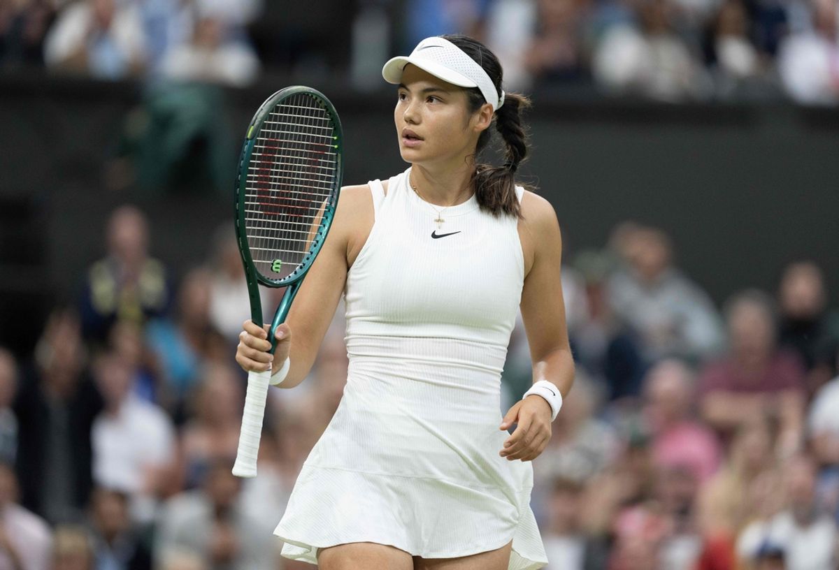 Jul 5, 2024; London, United Kingdom; Emma Raducanu of Great Britain reacts to a point during her match against Maria Sakkara of Greece (not shown) on day five of The Championships at All England Lawn Tennis and Croquet Club. Mandatory Credit: Susan Mullane-Imagn Images